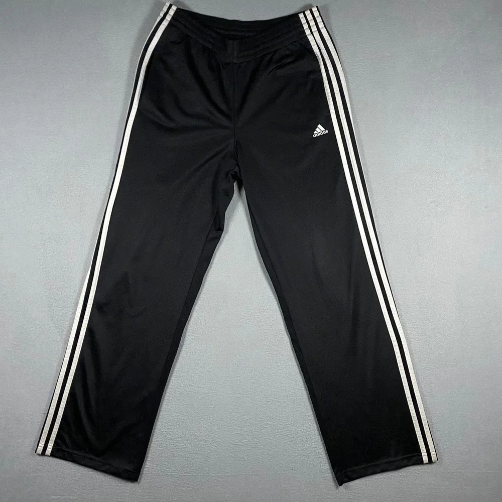 Y2K Adidas Track Pants Mens Small Black White 3-Stripe Straight Leg Joggers